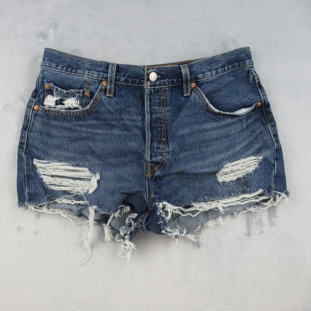 Levis 501 Original Shorts Womens 32 Blue Denim Distressed Cut Off 56327-0559